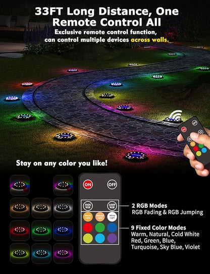 Color Changing Solar Ground Lights with 33ft Long Distance Remote Control - Flat Solar Light Outdoor Waterproof - Pathway Lights Solar Powered for Yard Decorative Outside Lawn Walkway [16 Pack]