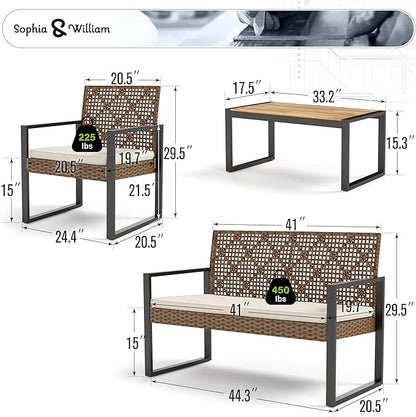 Sophia & William 4 Pieces Patio Conversation Set, Wicker Outdoor Furniture Set for 4, All Weather Outdoor Seating Set, Rattan Loveseat & Single Chairs with Cushions & Acacia Wood Coffee Table