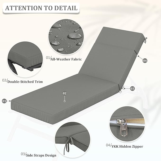 Chaise Lounge Cushions Outdoor, 80" L X 26" W X 4" D Lounge Chair Cushions for Outdoor Furniture, High-Density Foam Outdoor Chaise Cushion-Waterproof Fade-Resistant ThickPatio lounge chair cushion