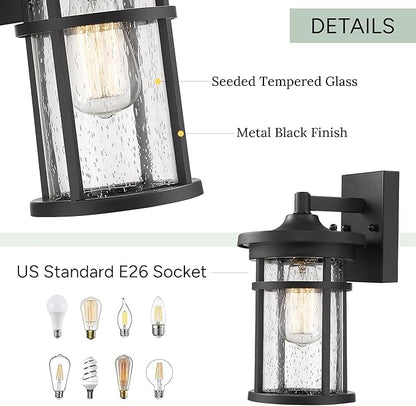 Casia Outdoor Wall Sconces, Exterior Wall Lantern, Farmhouse Porch Lighting Fixture, Front Door Mounted Lights, Outside Lighting Lamp for Patio, Porch, Garden,Balcony (Black, 12" H)