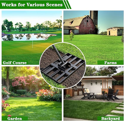 Lawn Leveling Rake 17x10 inch, Heavy Duty Ground Leveler for Soil, Sand, Effortless Smooth Use & Easy Assembly Stainless Steel Landscape Rake for Backyard, Garden, Golf Course, Black