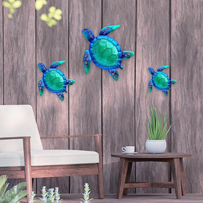 JOYBee Sea Turtle Wall Art Decor, Metal & Glass Sea Life Nautical Home Wall Hanging Decor,Ocean Theme Coastal Decorations for Indoor Outdoor Bathroom and Garden-Blue（Set of 3）
