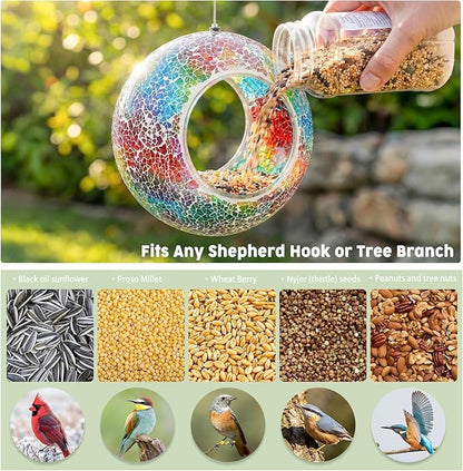 VCUTEKA Bird Feeder Mosaic Fly Through Bird Feeders for Outside Hanging with Round Shape Glass Container to Attract More Wild Birds for Garden, Yard, Backyard, Deck and Porch Decor, Purple 7-Inch