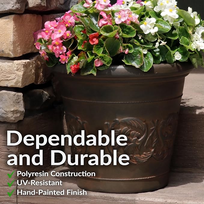 Sunnydaze 16-Inch Arabella Large Plastic Pot for Plants - Outdoor Double-Walled Polyresin Large Plastic Planter with Drillable Drainage Holes - Rust - 2-Pack