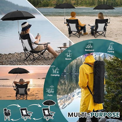 HaSteeL Low Beach Chair Set of 2, Foldable Black Camping Chair with Adjustable Umbrella Set for Adults, Lightweight Portable Lawn Chairs for Fishing, Picnic, Outdoor BBQ, Travel, Sports