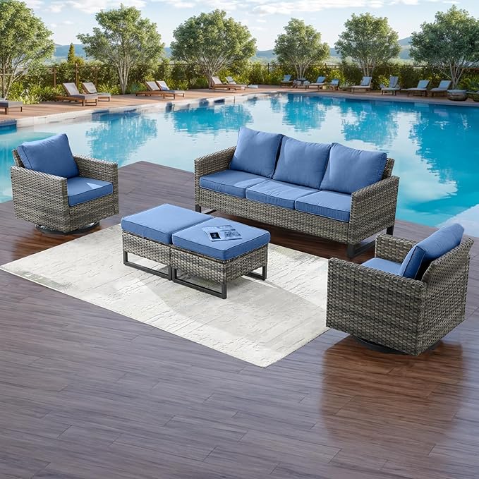 Rilyson Wicker Outdoor Patio Furniture Set - 5 Piece Patio Conversation Set with 2 Swivel Rocker Chairs,2 Rattan Ottoman and 1 Couch for Outside Porch Deck Backyard Garden(Mixed Grey/Blue)