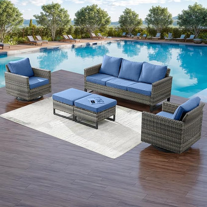 Rilyson Wicker Outdoor Patio Furniture Set - 5 Piece Patio Conversation Set with 2 Swivel Rocker Chairs,2 Rattan Ottoman and 1 Couch for Outside Porch Deck Backyard Garden(Mixed Grey/Blue)