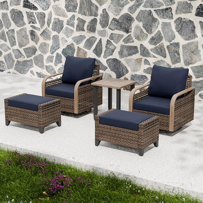 Modern Wicker Bistro Table and Chairs Set, Rattan Outdoor Bistro Set with Swivel Rocking Chairs, Ottomans & Table, 5 Pieces, Brown/Blue