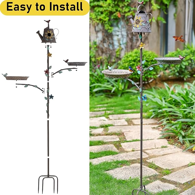 Bird Baths and Bird Houses with Pole, 67.9" H Metal Bird House Stake, Standing Feeder and Bath Combo, Birdhouses for Outdoors, Tall Bird Bath with 4-Prong Stake for Outside Garden Decor