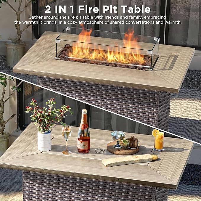10 Pieces Patio Furniture Set with 42.5" Fire Pit Table-All Weather Wicker Outdoor Furniture with High Back Swivel Patio Chairs Set of 2 Outdoor Couch for Deck Balcony Backyard Brown/Beige