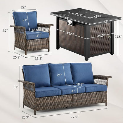 Patio Furniture Set with Fire Pit Table, 4PCS Patio Conversation Set Brown Resin Wicker Patio Chair and Sofa with 43in Rectangular Iron Firepit Table PE Rattan Patio Furniture Set