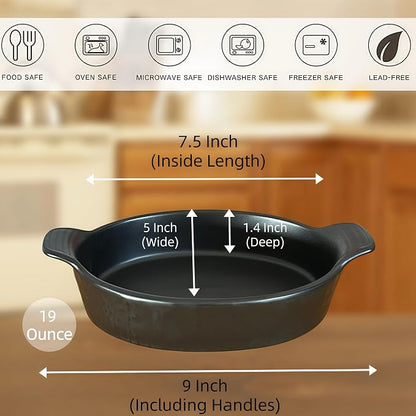 Oval Au Gratin Baking Dishes Set of 4 9" x 5" 19 oz matte black Ceramic Oven Safe & Heat Resistant With Handles for Small Mini Casseroles Cooking & Serving