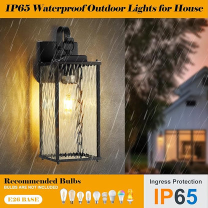 12 Inch Outdoor Wall Sconces with Water Ripple Glass 2-Pack, IP65 Waterproof Matte Black Exterior Light Fixtures Outside Lights for House Front Porch Lanterns Patio Garage Lights, E26