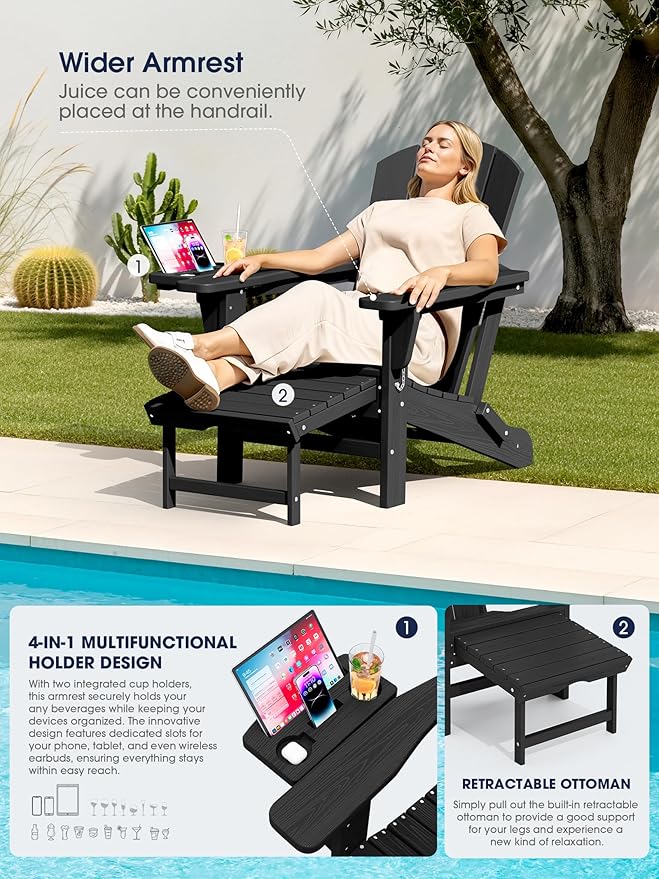 KINGYES Adjustable Folding Adirondack Chair with Footrest & 4-in-1 Multi-Functional Armrest Organizer Set of 2, HDPE Foldable Reclining Adirondack Chair with Pull-Out Ottoman, Black