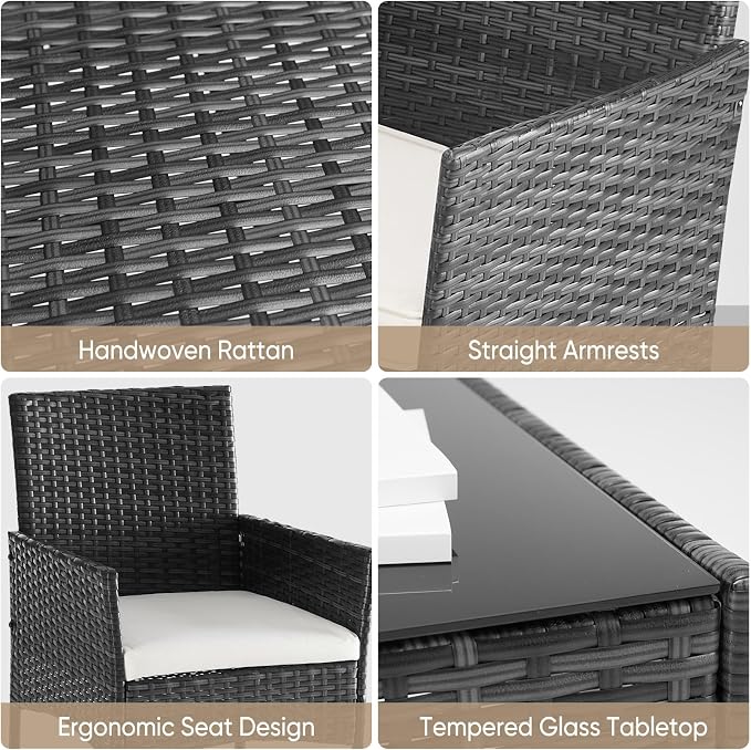 DUMOS 3-Piece Patio Furniture Set, All-Weather Outdoor Wicker Chairs with Removable Cushions & Tempered Glass Table, Small Bistro Set for Porch, Balcony, Lawn, Backyard, Black