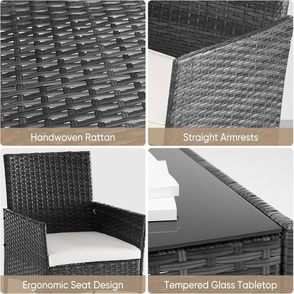DUMOS 3-Piece Patio Furniture Set, All-Weather Outdoor Wicker Chairs with Removable Cushions & Tempered Glass Table, Small Bistro Set for Porch, Balcony, Lawn, Backyard, Black