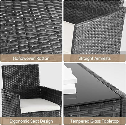 DUMOS 3 Piece Patio Furniture Set, All-Weather Outdoor Wicker Chairs with Removable Cushions & Tempered Glass Table, Small Bistro Set for Porch, Balcony, Lawn, Backyard Black