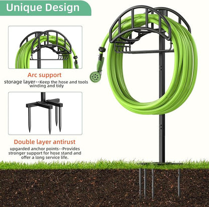 Garden Hose Holder - Upgraded Metal Reel With Tool Storage Basket, Heavy Duty Freestanding Water Hose Holder Holds 150ft, Detachable Storage Hanger for Outside