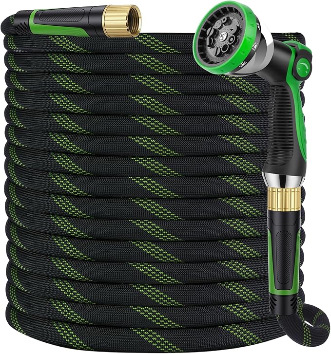 Garden Hose 50 ft, Non-Expandable Ultra-Lightweight Flexible Hose with 360° Dual-End Anti-Kink Design, 10-Pattern Spray Nozzle, 500 PSI Leak-Proof, 96-Strand Braided Fabric, Storage Strap