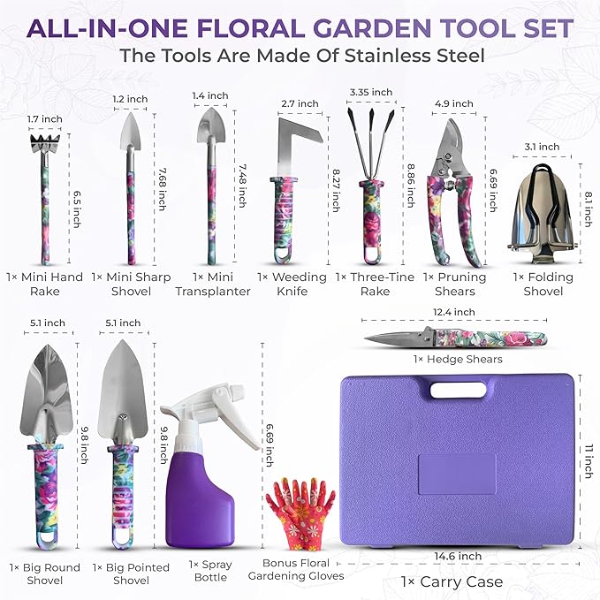 12-Piece Gardening Tools Set – Rust-Resistant Stainless Steel Hand Tools with Ergonomic Floral Handles & Carry Case, Includes Folding Shovel & Gloves – Perfect Gardening Kit for Women & Beginners