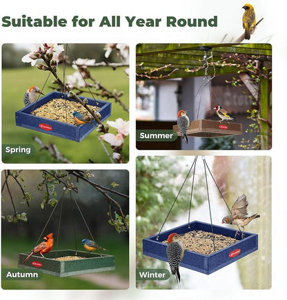Kingsyard WPC Composite Platform Bird Feeder for Outside, Heavy Duty Hanging Tray for Mealworms & Seeds, 3.5 lbs Large Capacity, Weatherproof Recycled Plastic Material, Easy to Clean, Green