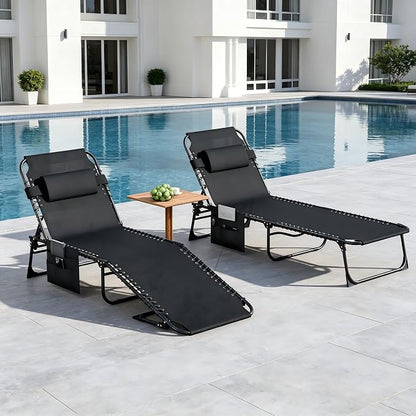 Outdoor Lounge Chair, Foldable Reclining Chaise Lounge with Detachable Pillow & Side Pocket, 4-Position Recliner Tanning Chair for Beach, Pool, Lawn, Backyard, Black, 2 Packs