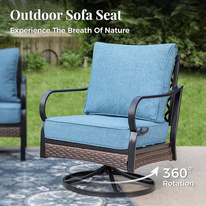 Patio Furniture Set with Firepit Table, Black Frame Outdoor Conversation Set with 2 x Swivel Chairs, 1 x 3-Seat Sofa for Lawn Garden Backyard, Navy Blue