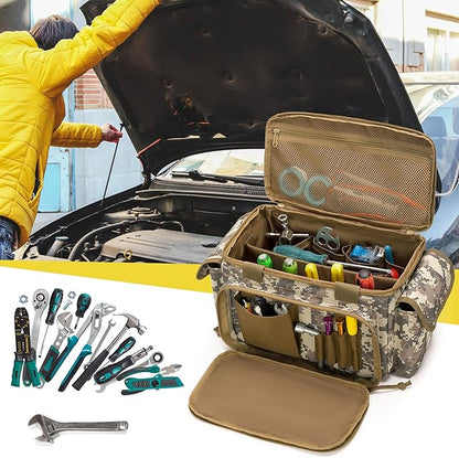 Rexmica Small Tool Bag with Anti-friction and Thick Padded Bottom, Tool Storage Organizer for Men, Tactical Range Bag, Multi-functional Work Bag for Repairman, Electrician, Carpenters (Camo)