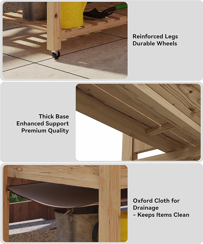 GarveeHome Raised Garden Bed 48x24x32 in Mobile Elevated Wood Planter Raised Beds w/Lockable Wheels, Storage Shelf, and Protective Liner for Indoor/Outdoor Gardening,Natural
