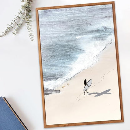 CHDITB Coastal Surfing Framed Canvas Wall Art Set, Ocean Wave Wall Decor, Beach Surfer Artwork, Summer Beachy Painting for Bedroom Dining Room Bathroom Office Decoration 16"x24"X3