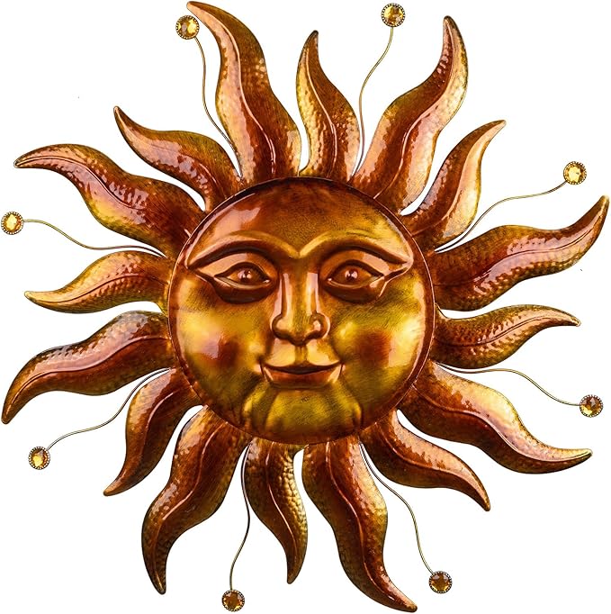 Metal Sun Wall Art Decor Outdoor 26'', Large Gold Sun Wall Decor Garden Metal Art Outside Hanging for Living Room, Bedroom, Fence, Yard, Porch, Balcony and Patio Decorations