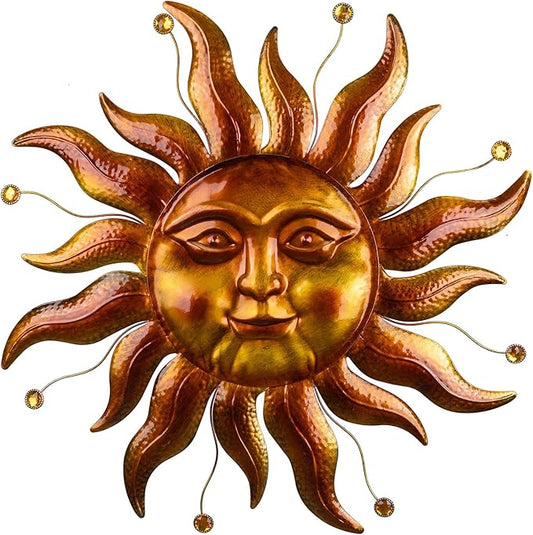 Metal Sun Wall Art Decor Outdoor 26'', Large Gold Sun Wall Decor Garden Metal Art Outside Hanging for Living Room, Bedroom, Fence, Yard, Porch, Balcony and Patio Decorations