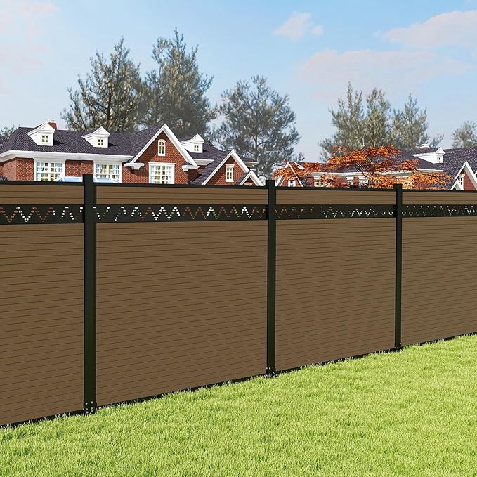 6 Feet×6 Feet Privacy Fence, Outdoor Wood Plastic Composite Fence Panel, Waterproof Security Barriers Fencing, WPC (Brown, Arched (1 Panel - 2 Post))