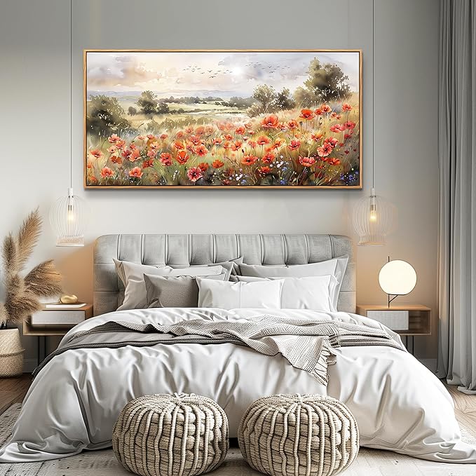 QIYILEXWART Canvas Wall Art For Living Room Wall Decor For Bedroom Office Wall Decoration Red Blooms Field Landscape Painting Farmhouse Pictures Artwork Room Aesthetic Home Decor 20x40 In