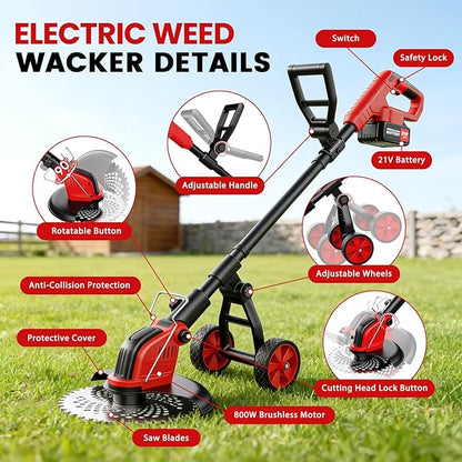 12-Inch Cordless Electric Weed Wacker, 2x3.0Ah 21V Battery Powered Weed Eater with Wheels, 800W Brushless Motor, Lawn Mower with 4 Types Blades, 20000RPM Brush Cutter Grass Trimmer for Garden Yard