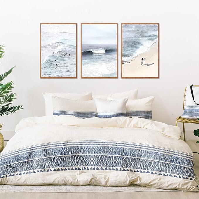 CHDITB Coastal Surfing Framed Canvas Wall Art Set, Ocean Wave Wall Decor, Beach Surfer Artwork, Summer Beachy Painting for Bedroom Dining Room Bathroom Office Decoration 16"x24"X3