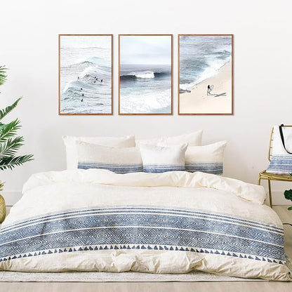 CHDITB Coastal Surfing Framed Canvas Wall Art Set, Ocean Wave Wall Decor, Beach Surfer Artwork, Summer Beachy Painting for Bedroom Dining Room Bathroom Office Decoration 16"x24"X3