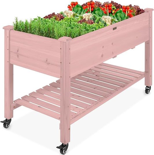 Best Choice Products Raised Garden Bed 48x24x32-inch Mobile Elevated Wood Planter w/Lockable Wheels, Storage Shelf, Protective Liner - Pink