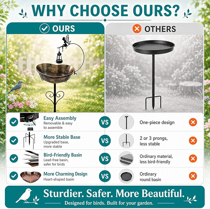 Goodeco Heart Bird Bath Stake for Outside - 135 fl oz Large Metal Birdbath with Solar Lantern and Fairy Garden & Patio Decor for Yard, Ideal Gifts for Bird Lovers, Romantic Mom's Present