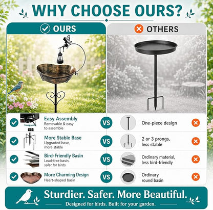 Goodeco Heart Bird Bath Stake for Outside - 135 fl oz Large Metal Birdbath with Solar Lantern and Fairy Garden & Patio Decor for Yard, Ideal Gifts for Bird Lovers, Romantic Mom's Present