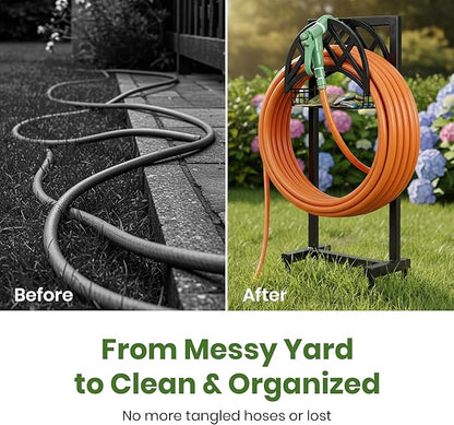 Oriva Garden Hose Holder Stand, Freestanding Water Hose Holder for Outside, Heavy Duty Rust-Resistant Metal Hose Hanger w/ 4-Spike Base, Holds upto 160ft, Outdoor Hose Storage for Yard, Lawn & Garden