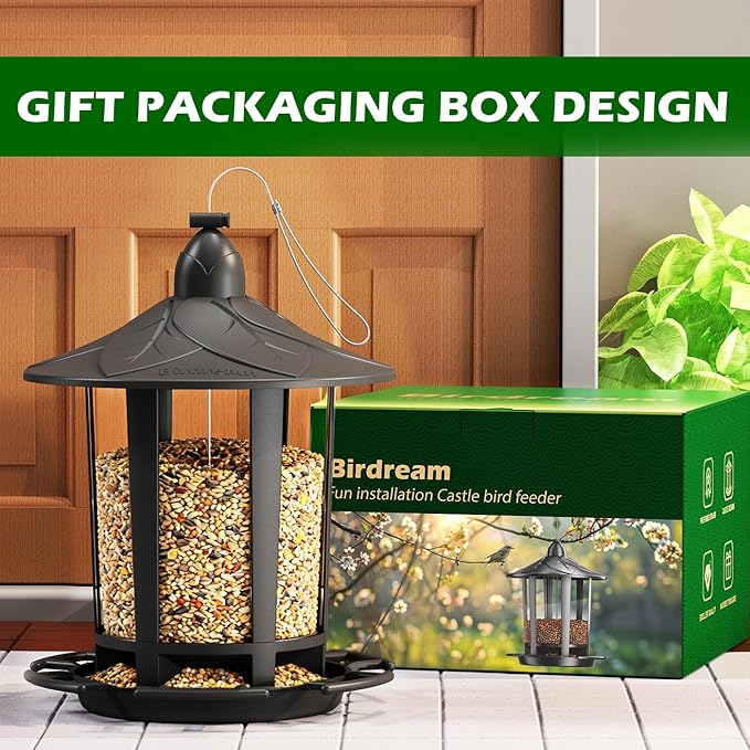 Birdream Bird Feeders for Outdoor Hanging, Assembly Required, 1-Min Easy Setup, Charming Castle Design, Attracting Cardinals Chickadees Goldfinches & Sparrows - Black