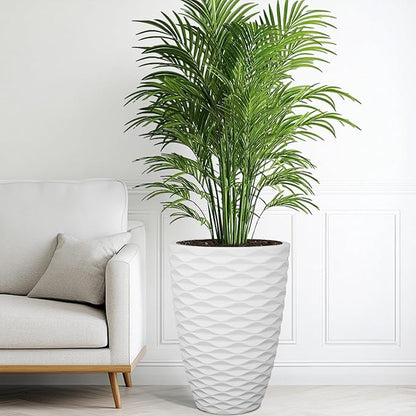 19" Resin Tall Outdoor Planters,Set of 2 Matte White Round Large Flower Plant Pot,Handmade Glossy Finish & Wave Texture, Weather-Resistant for Garden,Patio or Indoor, Porch Christmas Decor