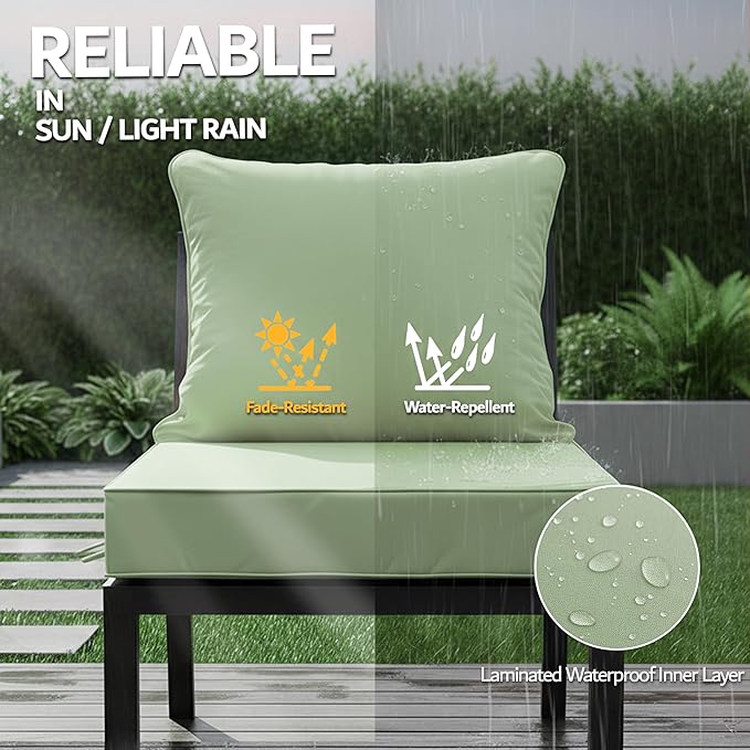 24x24 Inch Outdoor Chair Cushions Set of 2, Patio Furniture Cushions - Removable Cover, Water-Repellent, Fade-Resistant, Non-Slip Bottom & Straps, Replacement for Deep Seat Sofa & Couch - Sage Green