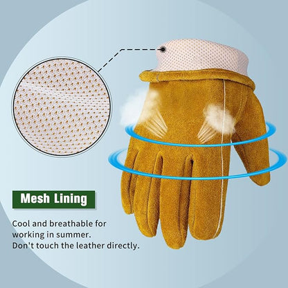 Leather Gardening Gloves for Men Women: Thorn Proof Cowhide Work Gloves for Yard Work Rose Pruning Heavy Duty