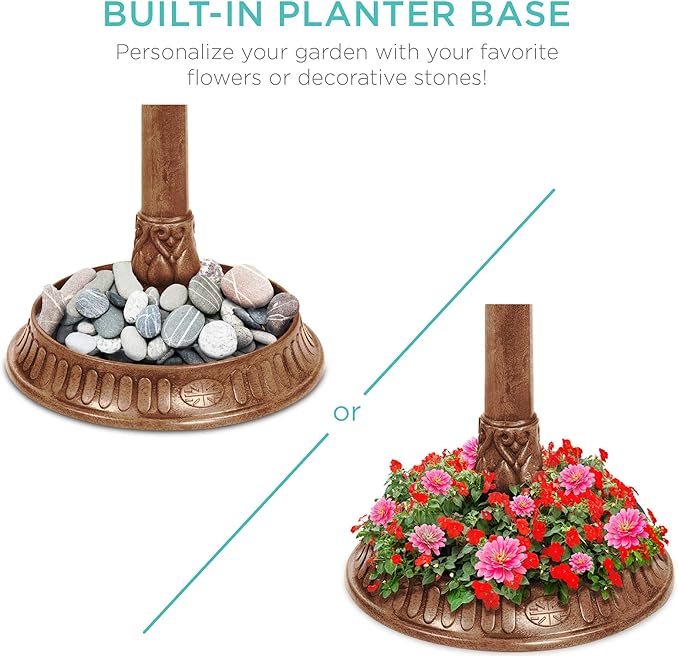 Best Choice Products Solar Outdoor Bird Bath Vintage Resin Pedestal Fountain Decoration for Yard, Garden w/Planter Base, Feeder, Decorative Bird Cage, Fillable Stand - Bronze