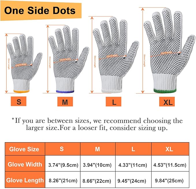 Evridwear Cotton Polyester String Knit Shell Safety Protection Work Gloves for Painter Mechanic Industrial Warehouse Gardening Construction Men & Women 12 Pairs, With One Size Dots, XL Size