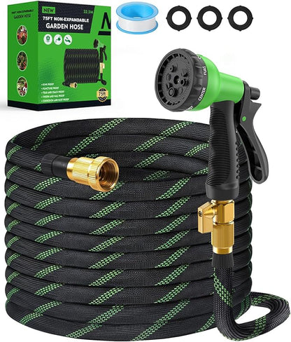 75ft Garden Hose, Non-Expandable Water Hose with 8 Function Spray Nozzle, Lightweight, Knik-Free, Burst-Resistant, Durable & Flexible 3/4" Garden Hose for Lawn, House Cleaning, Car Washing