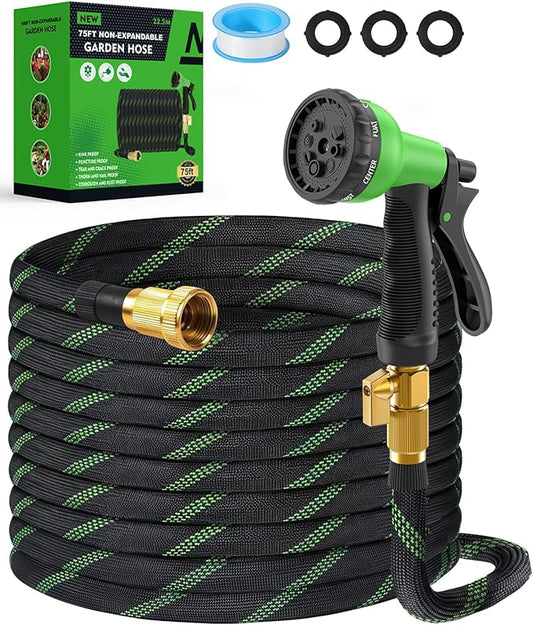 75ft Garden Hose, Non-Expandable Water Hose with 8 Function Spray Nozzle, Lightweight, Knik-Free, Burst-Resistant, Durable & Flexible 3/4" Garden Hose for Lawn, House Cleaning, Car Washing
