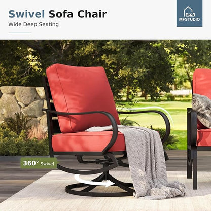 MFSTUDIO 4 Pieces Patio Conversation Sets(5 Seat), Outdoor Metal Furniture Sofa Set with 1 Loveseat(3 Seat), 2 Swivel Chairs, 1 Coffee Table, Steel Frame Patio Set with Burgundy Red Cushion for Patio